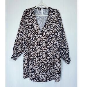 Leopard Print Oversized Shirtdress Dress Cover Up Deep V Neck Long Sleeve L